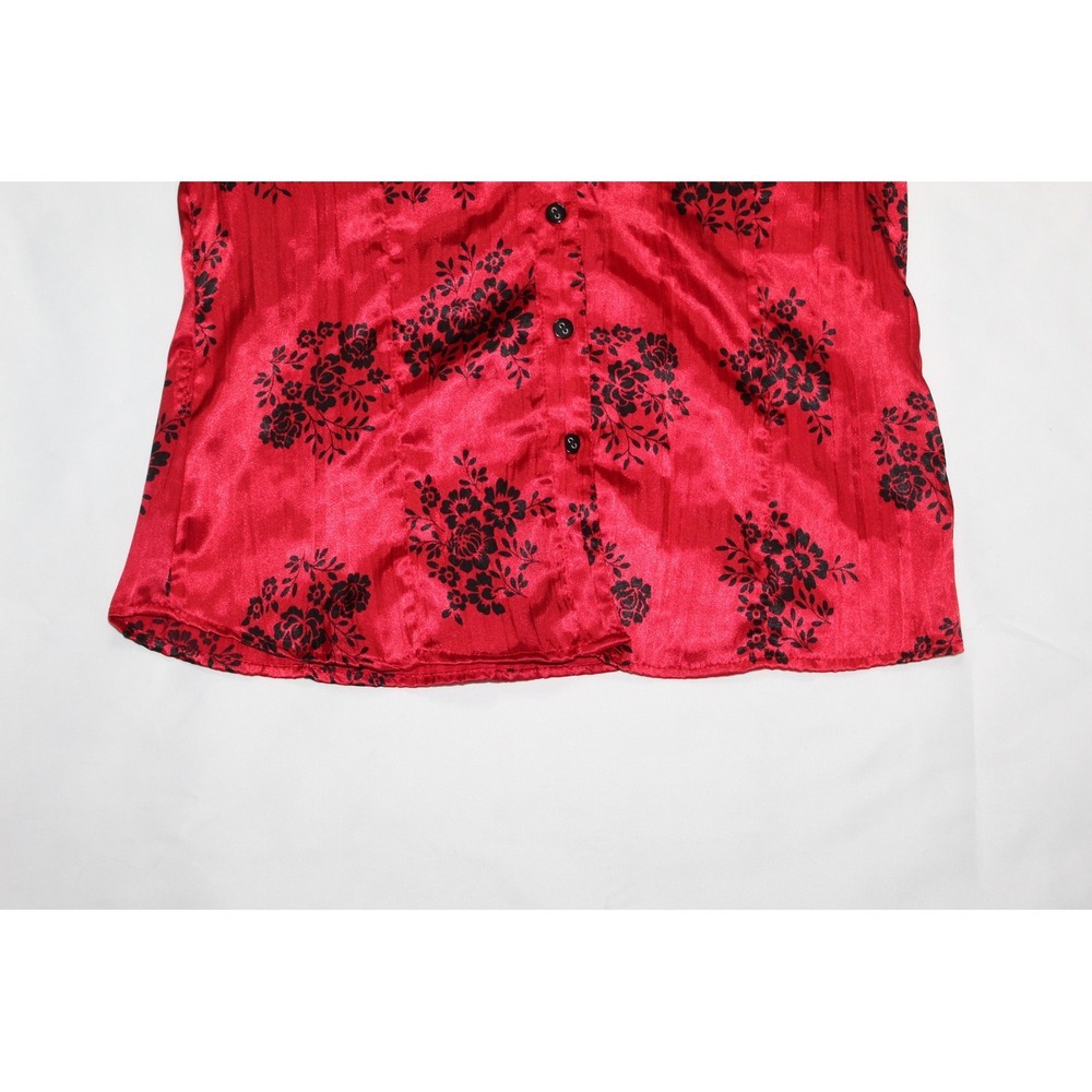 Y2K women's crinkled satin red black floral button down ruched short sleeve - Picture 4 of 10